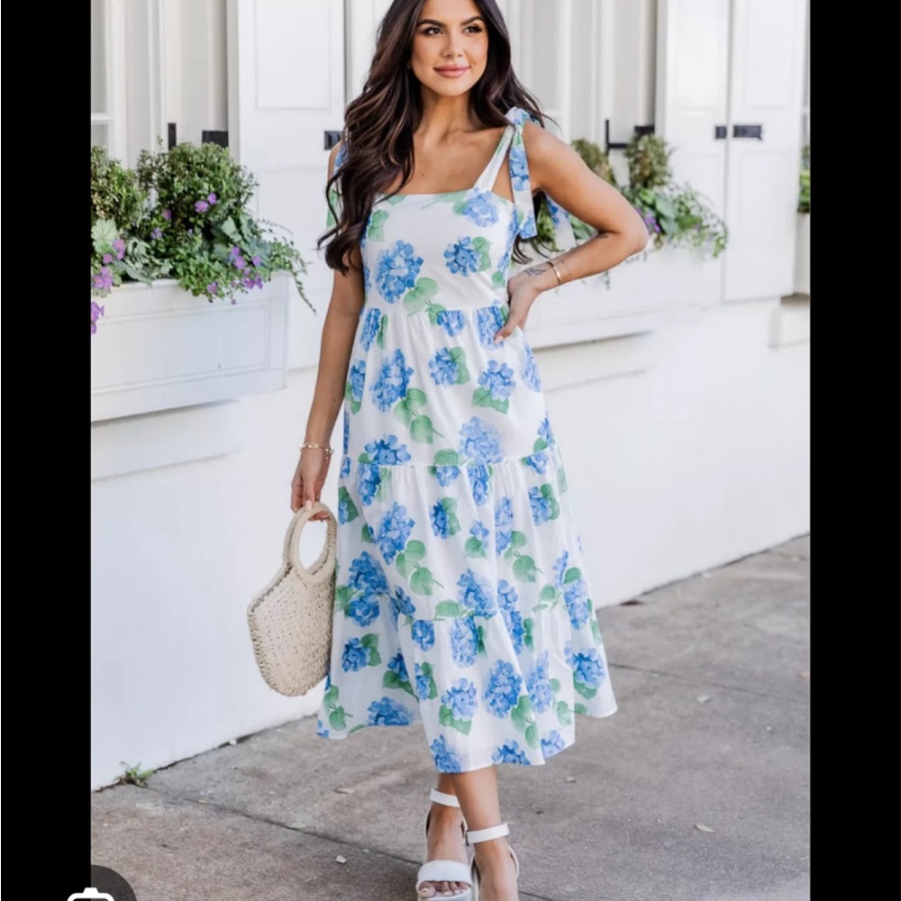 Garden Party Tie Sleeve Hydrangea Print Midi Dress - Size Small